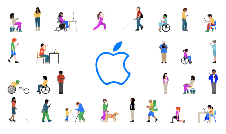 Barrierefreiheit bei Apple zahlreiche Illustrationen von Personen mit sichtbaren und unsichtbaren Behinderungen. In der Mitte davon ist das Apple-Logo abgebildet.
