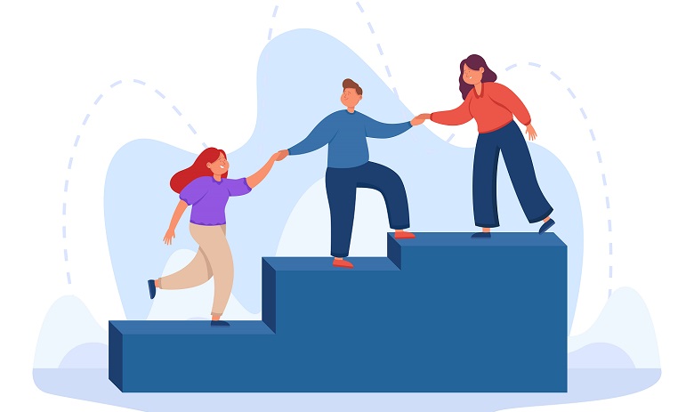 Soutien Illustration de trois personnes s'aidant sur des escaliers