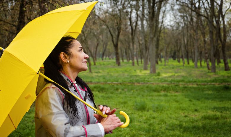 Säulen der Resilienz Eine Frau mit einem gelben Regenschirm steht auf einer Wiese und blickt zu den Bäumen im Hintergrund.